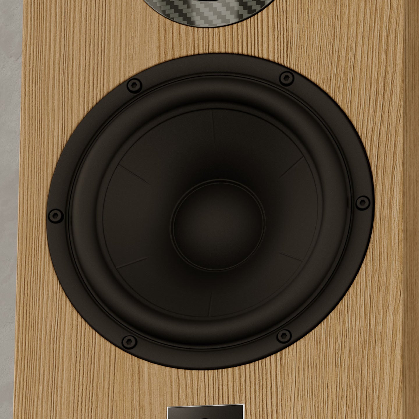 Wooden speaker with a black driver unit on a wooden surface