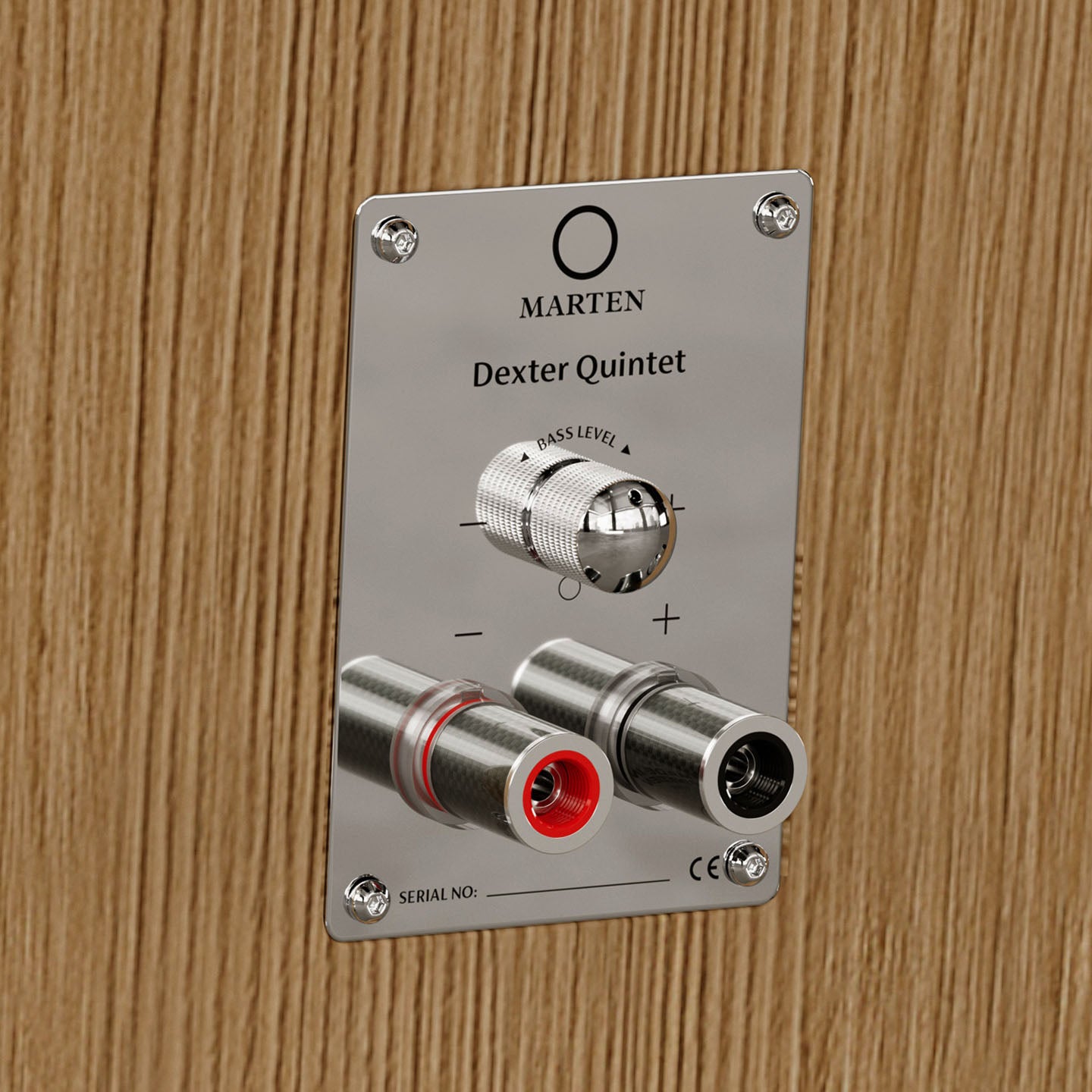 Metal audio connector panel with 'Marten Dexter Quintet' branding on a wooden background