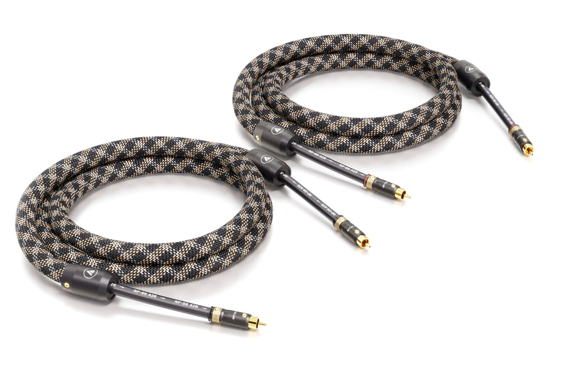 Two braided audio cables with gold connectors on a white background