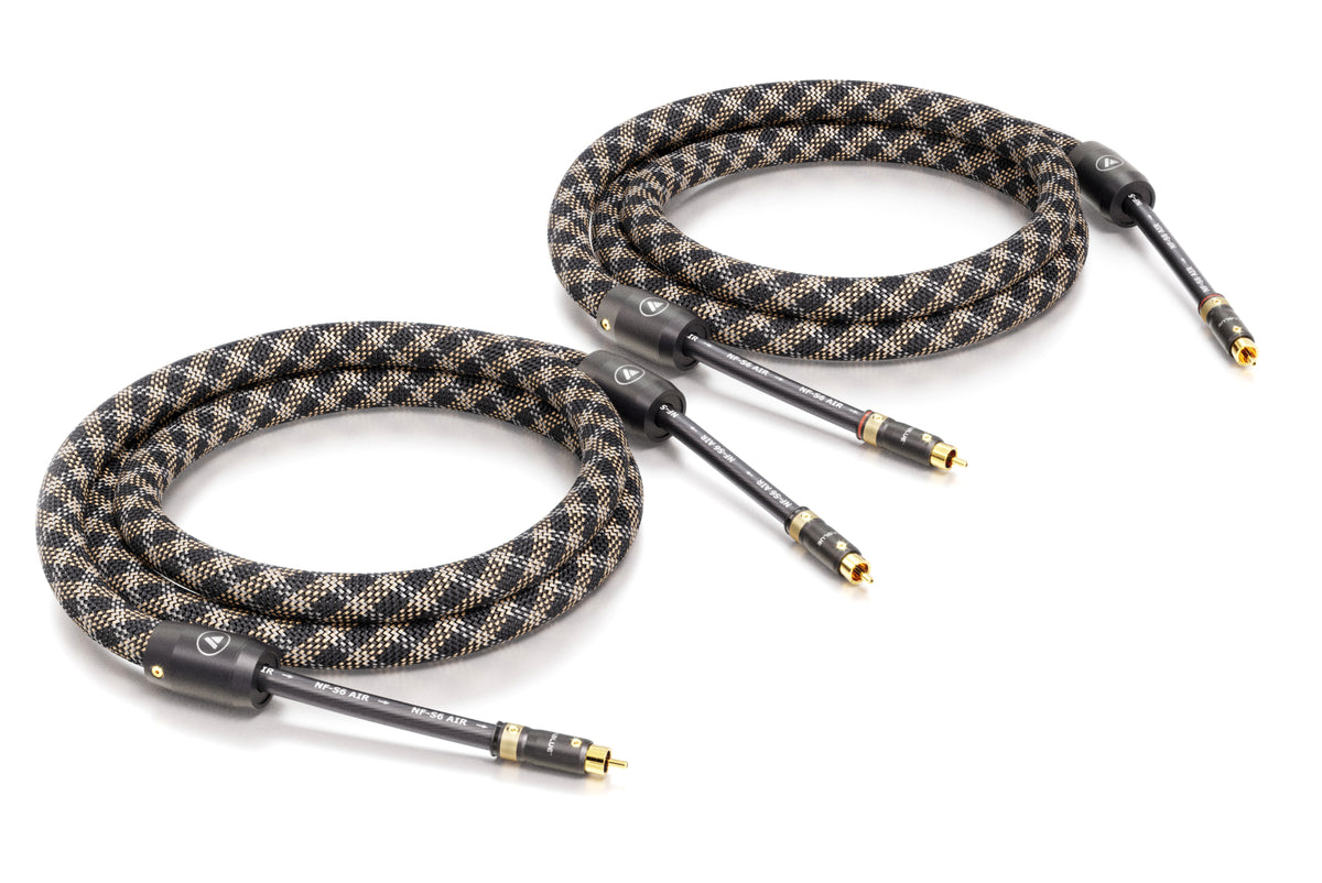 Two braided audio cables with gold connectors on a white background