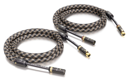 Two braided audio cables with gold connectors on a white background