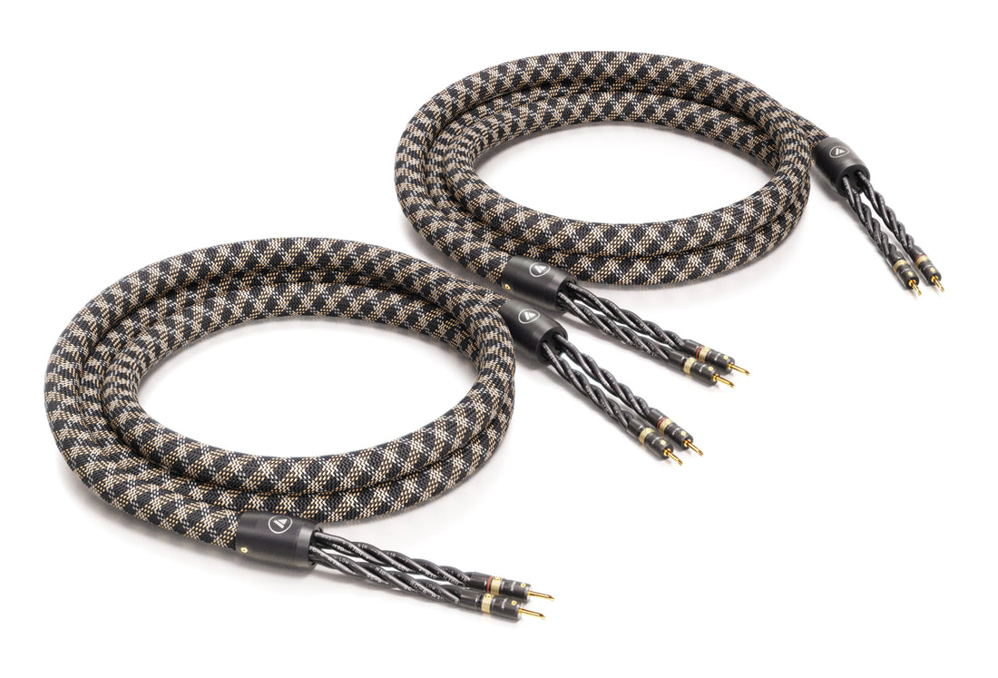 Pair of braided audio cables with gold connectors on a white background