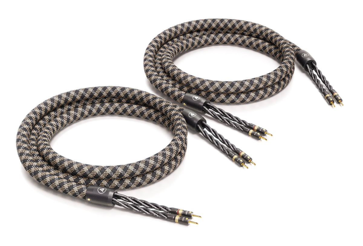 Pair of braided audio cables with gold connectors on a white background