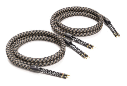 Pair of braided audio cables with gold connectors on a white background