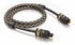 Coiled audio cable with gold connectors on a white background