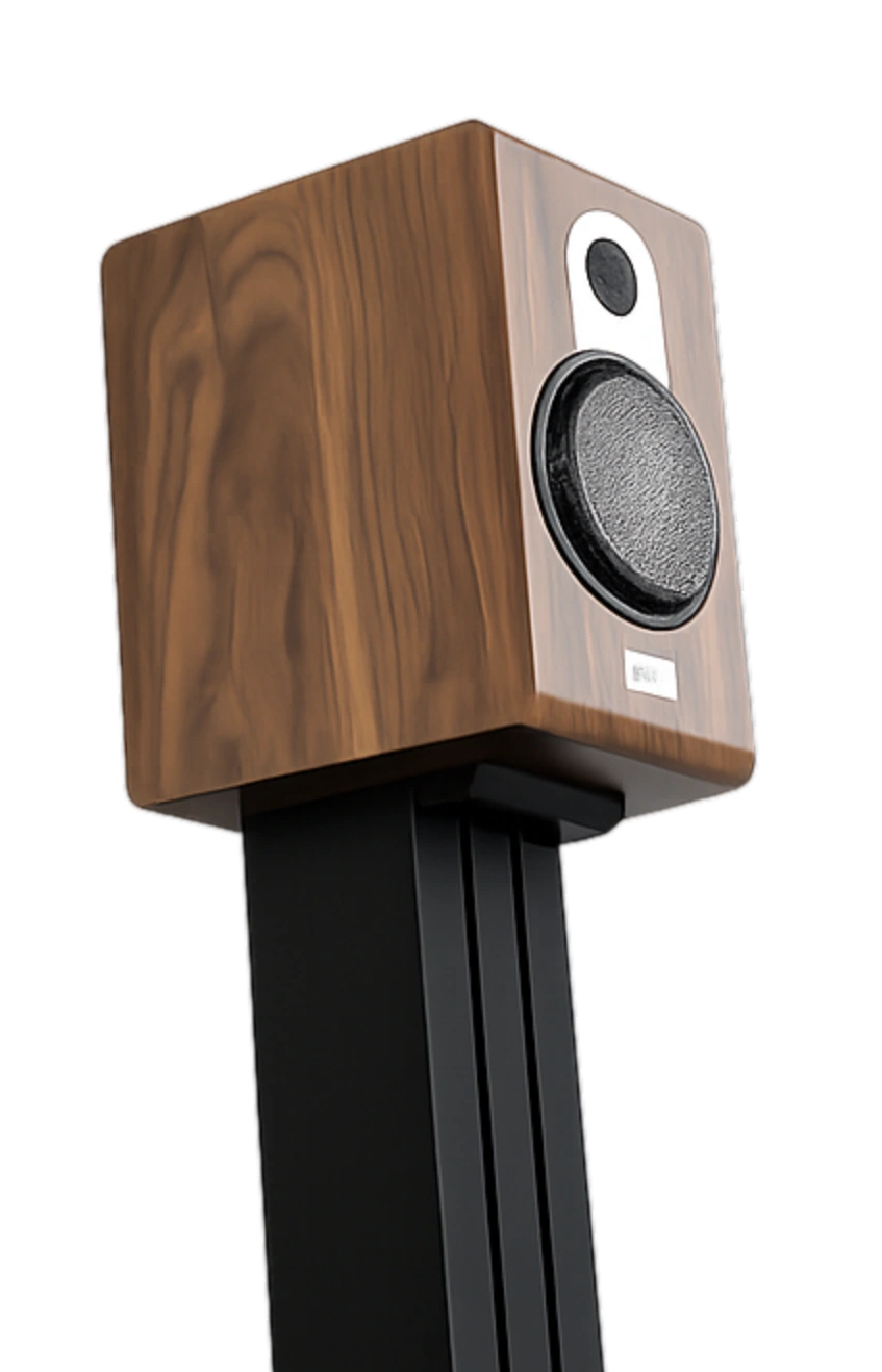 Marten Parker Duo speaker in Matte Walnut finish on a stand with a transparent background